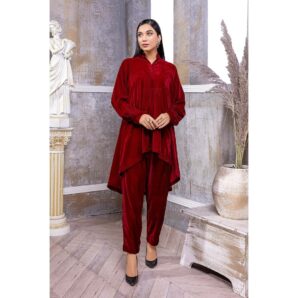 2 Pc Plain Velvet Suit Red VVT22-01