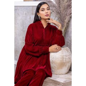 2 Pc Plain Velvet Suit Red VVT22-01